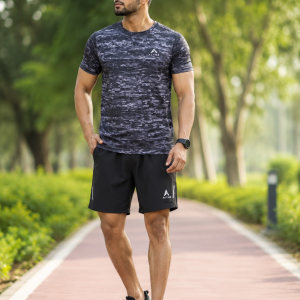 Quick Dry Athletic T-Shirt With Running Short - Black/Black
