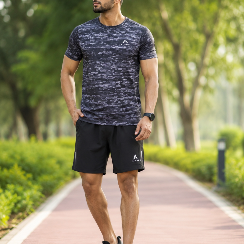 Quick Dry Athletic T-Shirt With Running Short - Black/Black